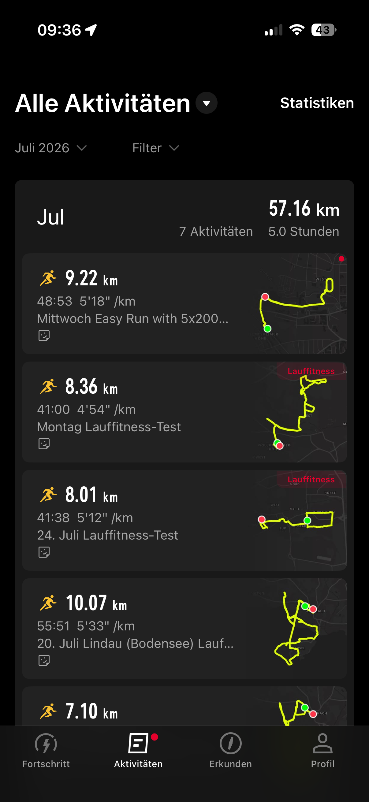 Overview of my running activities in July, showing 7 activities and 57.16 km total.