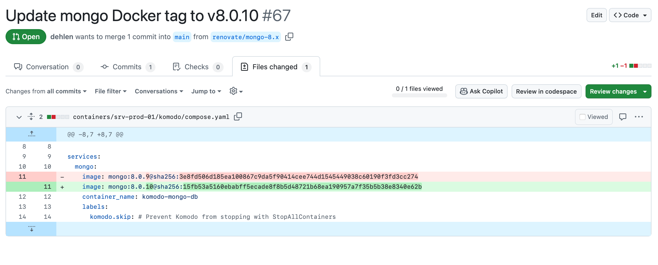 An image showing a pull request a renovate bot added to a GitHub repository.