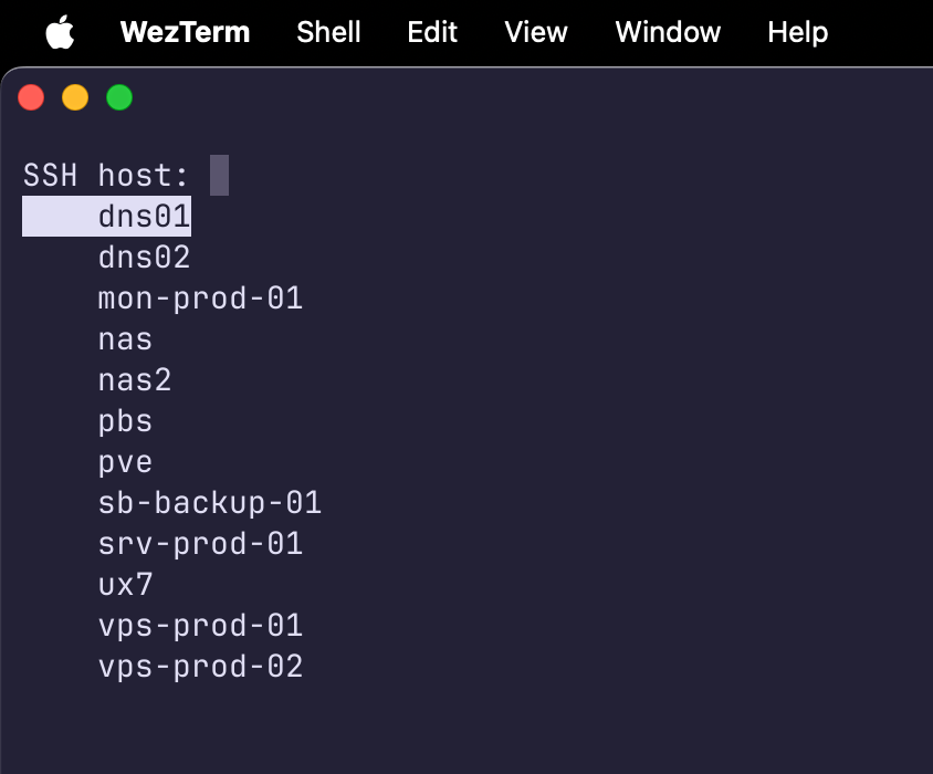 An image showing a SSH picker running natively in the WezTerm emulator.